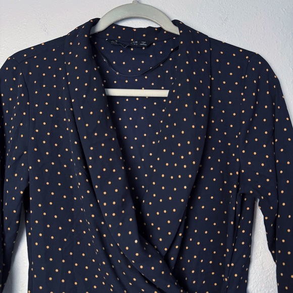Zara navy blue orange polka dot long sleeve warp top blouse top XS - Picture 2 of 9